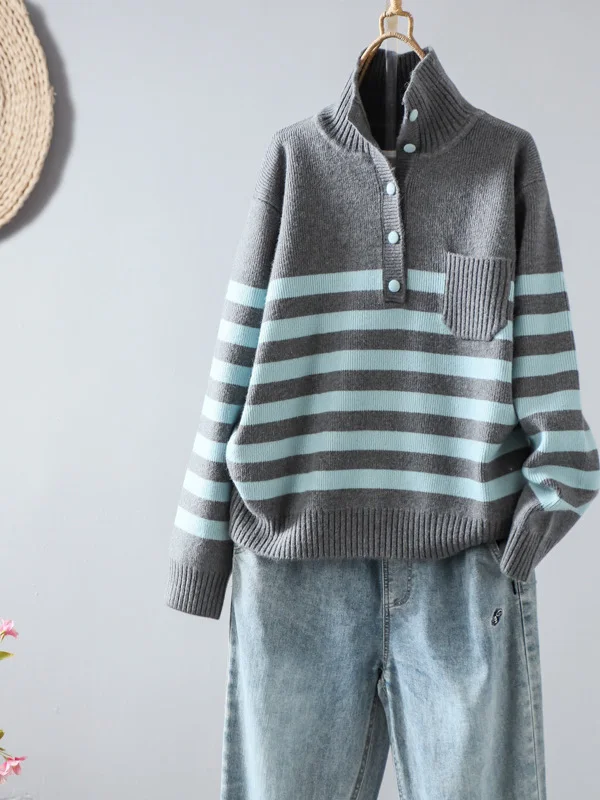 

Loose Fit Korean Sle Women's Knitwear Long Sve Turtlene Sweater Striped Design Warm Thiened Autumn Winter Casual Sle