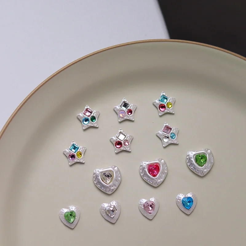 10pcs New Princess Style Irregular Baroque Pearl Nail Charms, White Colorful Rhinestone Inlaid Heart Star 3D Nail Art Decoration