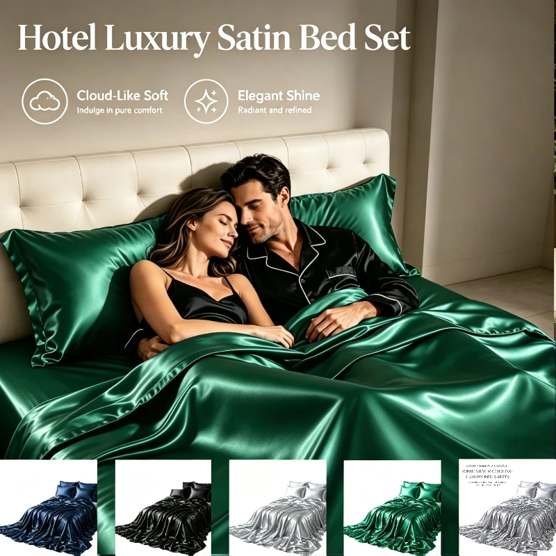 Double-sided Satin Quilt Cover Silk Satin Bed Sheet Bed Cover Bedding Set Satin Bed Sheet Set (4-piece Set) Solid-color Smooth-washed Pure Silk Suitable for All Four Seasons