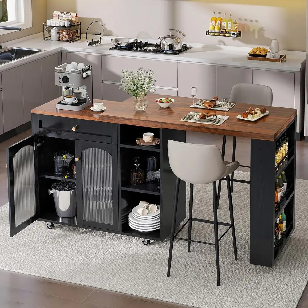 360° Swivel Kitchen Island with Adjustable Shelves, Mobile on Lockable Wheels - Multifunctional Storage for Kitchen & Dining (Bl