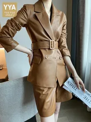 Blazer da donna di lusso con cintura doppiopetto, pantaloncini dritti, due pezzi, completo OL, vera pelle di pecora, Set coordinati in vera pelle