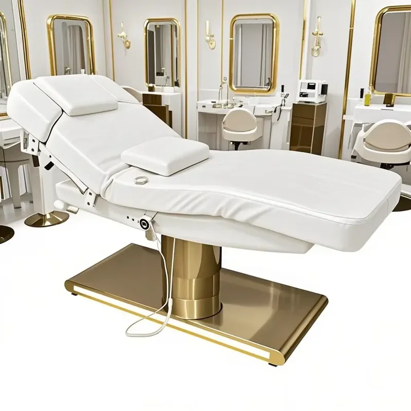 Single Column Beauty Massage Bed for Salon Facial Use with Gold Stainless Steel Base and 3 Motor High Load Capacity
