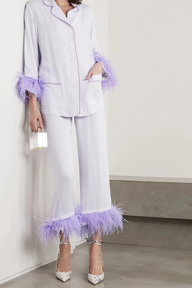 2024 Long Sleeved Sleepwear 100% Ostrich Feather Pajamas for Women Luxury Home Clothes Two Piece Purple Pajama Set Party Wear