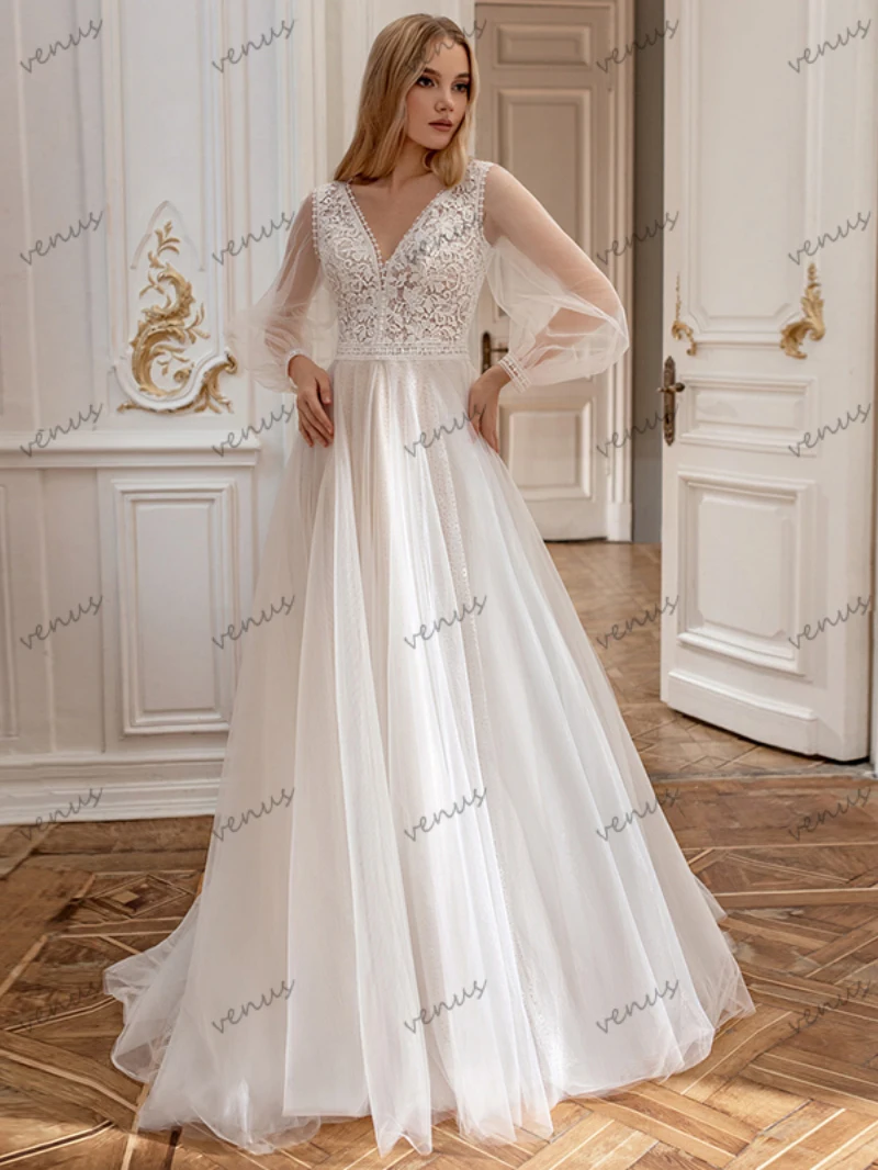 Robes de mariée dos nu A-ligne en tulle pour la mariée, robes classiques, patients à plusieurs niveaux, appliques en dentelle, manches longues, robe éducative