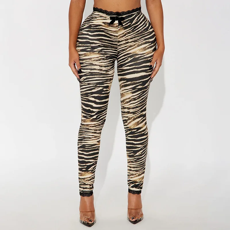 FAGADOER Fashion Lace Patchwork Bodycon Pants for Woman Pattern Leopard Print Elasticity Pants Female Streetwear Bottoms New
