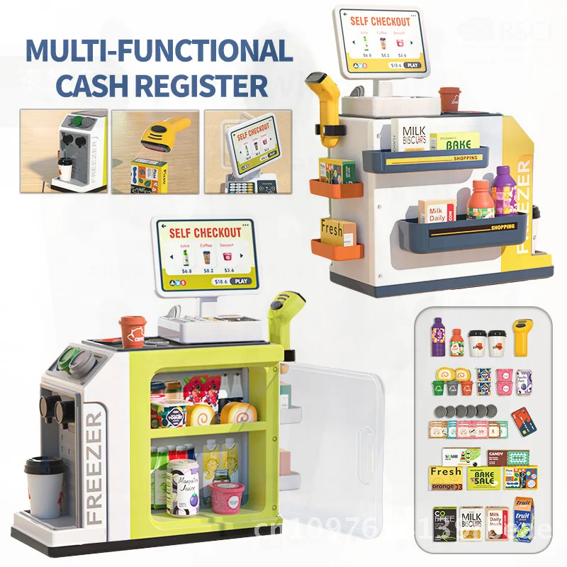 Children's Supermarket Toy Cashier Simulation Playset with Mini Food Scan Code Coffee Machine & Refrigerator for Boys & Girls