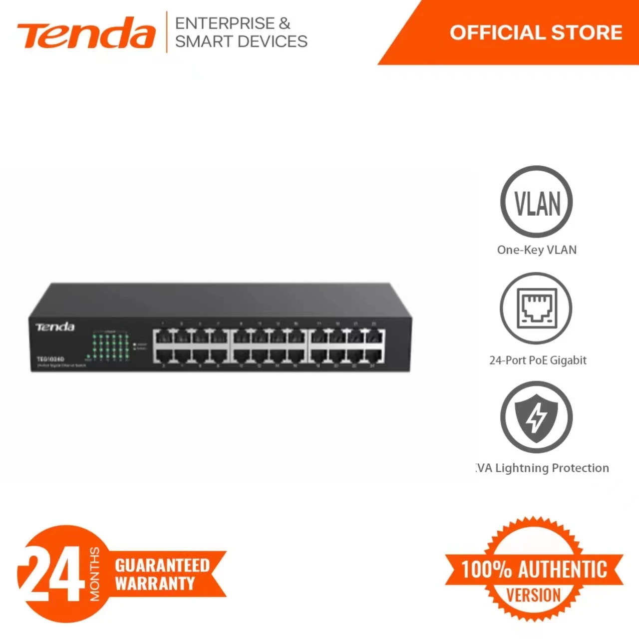 Tenda TEG1024D  24-Port Gigabit Unmanaged Ethernet Switch | 6KVA Lightning Protection | Desktop | Wall | Rack Mount