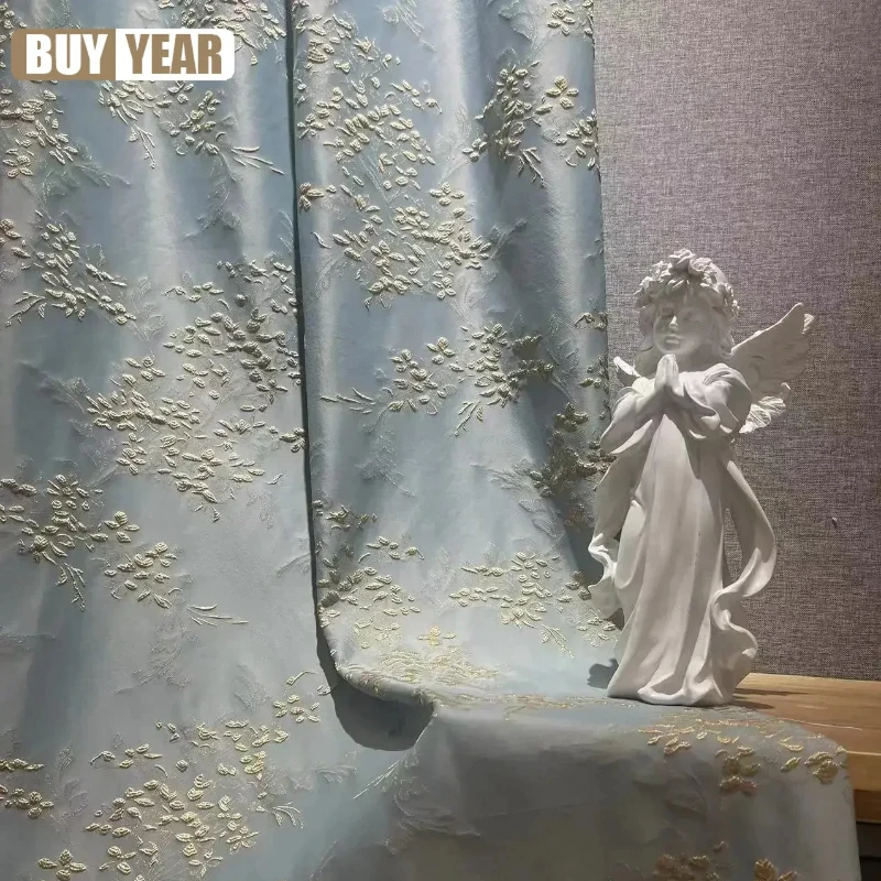 

Blue Gray Wheat Embossed Jacquard Thickened Shading Curtains for Living Room Bedroom French Window Villa Finished Customization