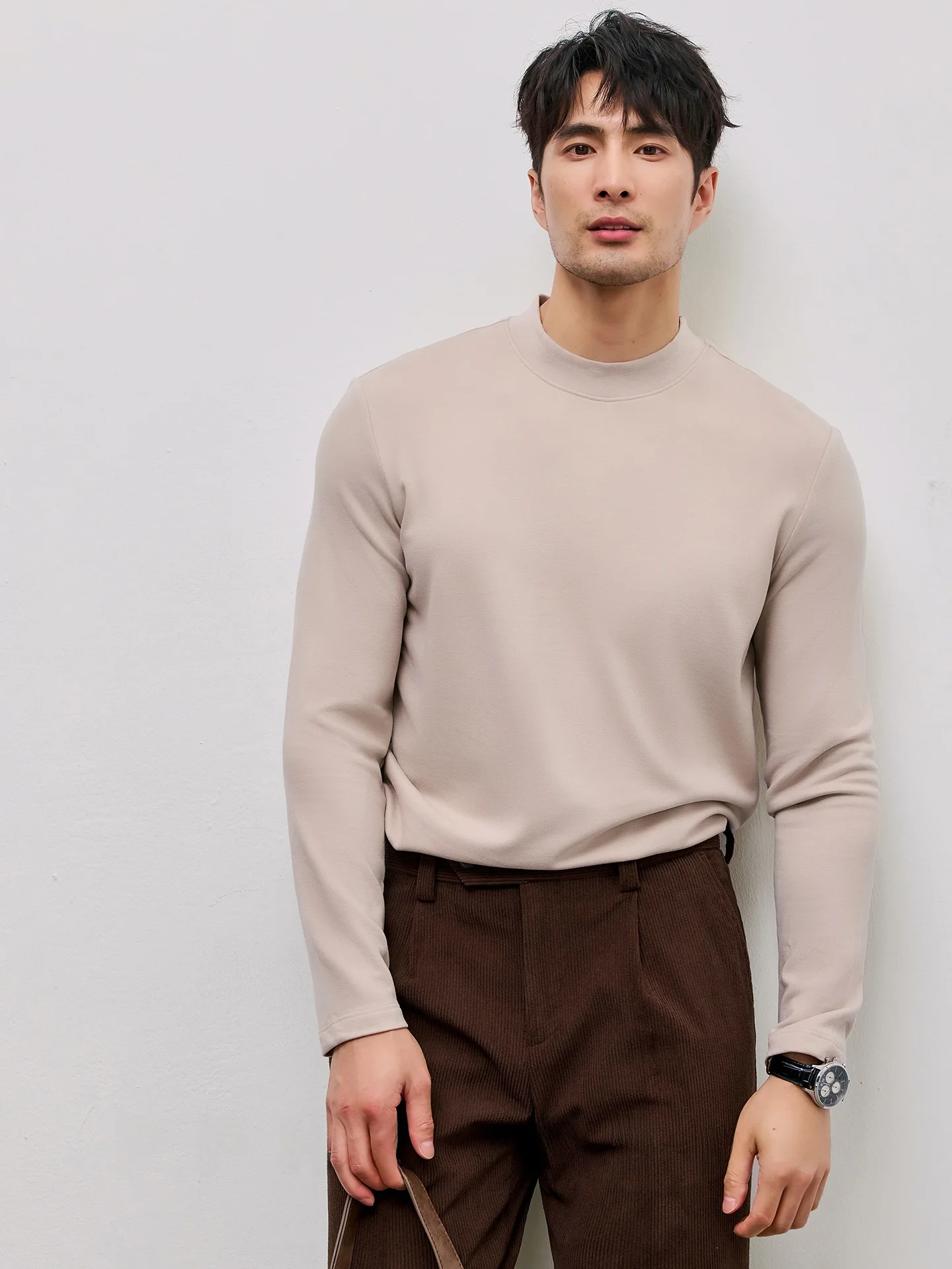 

Утепленная двусторонняя шерстяная шелковая футболка с длинным рукавом для мужчин, теплая осенне-зимняя базовая футболка с высоким воротником, бархатная начесанная футболка