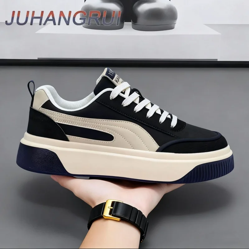 Men shoes spring and autumn flat-soled casual leather shoes sports shoes black and white men's thick-soled breathable Board Shoe