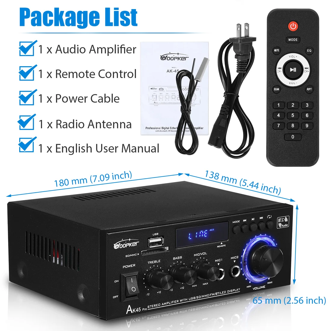 Woopker 오디오 앰프 AK45/AK45 프로 맥스 820W 하이파이 디지털 스테레오 채널 2.0 블루투스 앰프 리시버, 홈 룸 노래방용