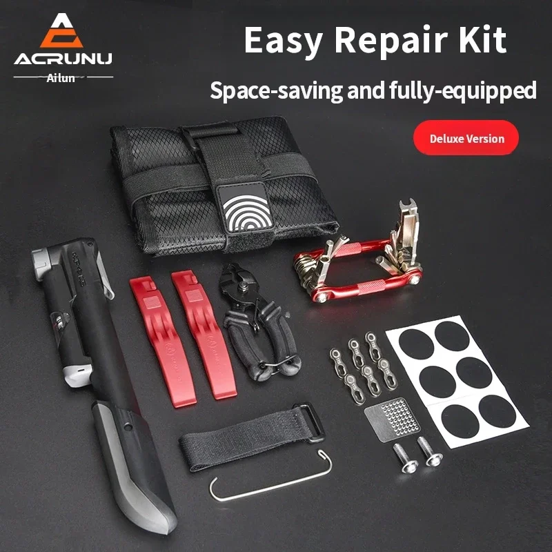 Bicycle Repair Tool Kit with Tire Patch Set Mini Pump and Removal Wrench for Mountain Bike