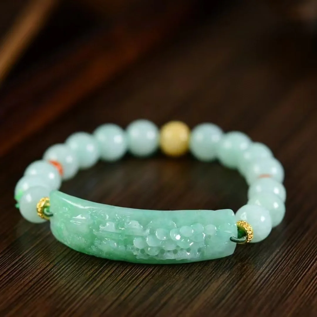 Natural Green Jade A Beads Bracelet 9.5mm Jade A Women Men 45*12.8*8m Gemstone Round Bead Bracelet Fashion Rare Jewelry AAAAAA