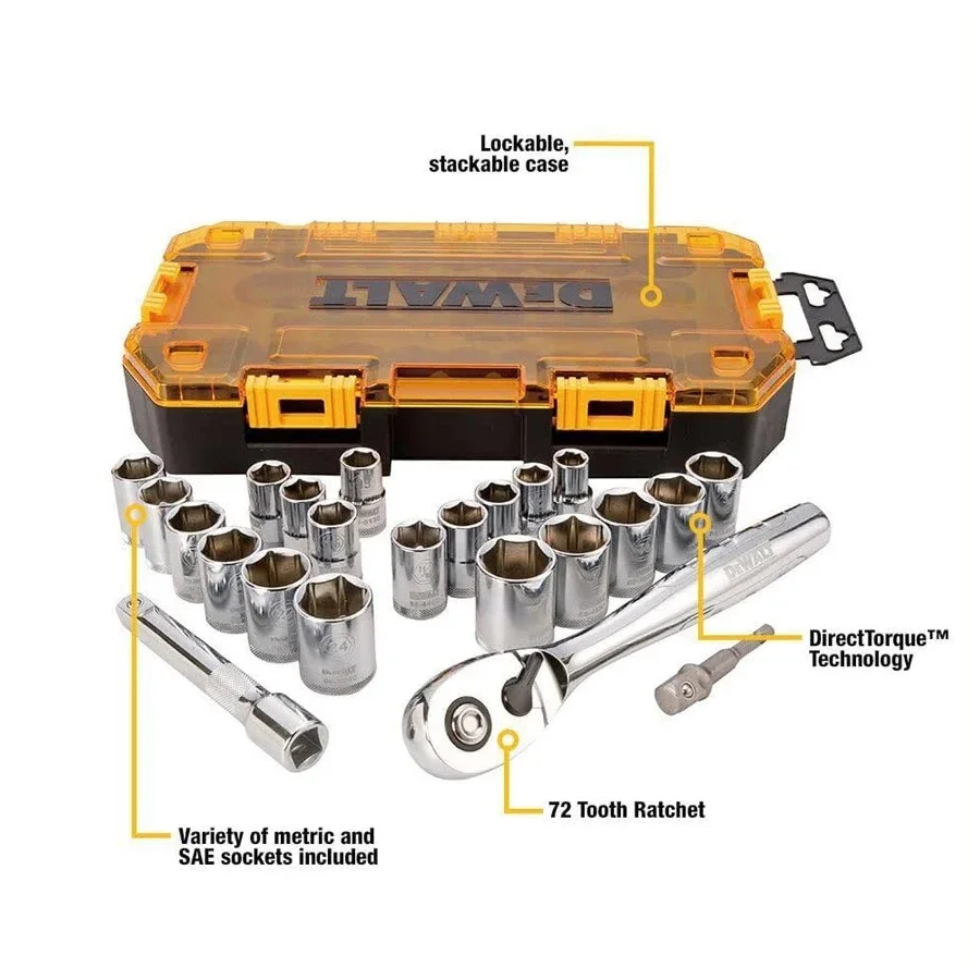 DEWALT DWMT73813 1/2" Drive Combinatie Doppenset met stapelbare behuizing en 72 tanden Quick Release Ratel 23-delige Drive Socket Set