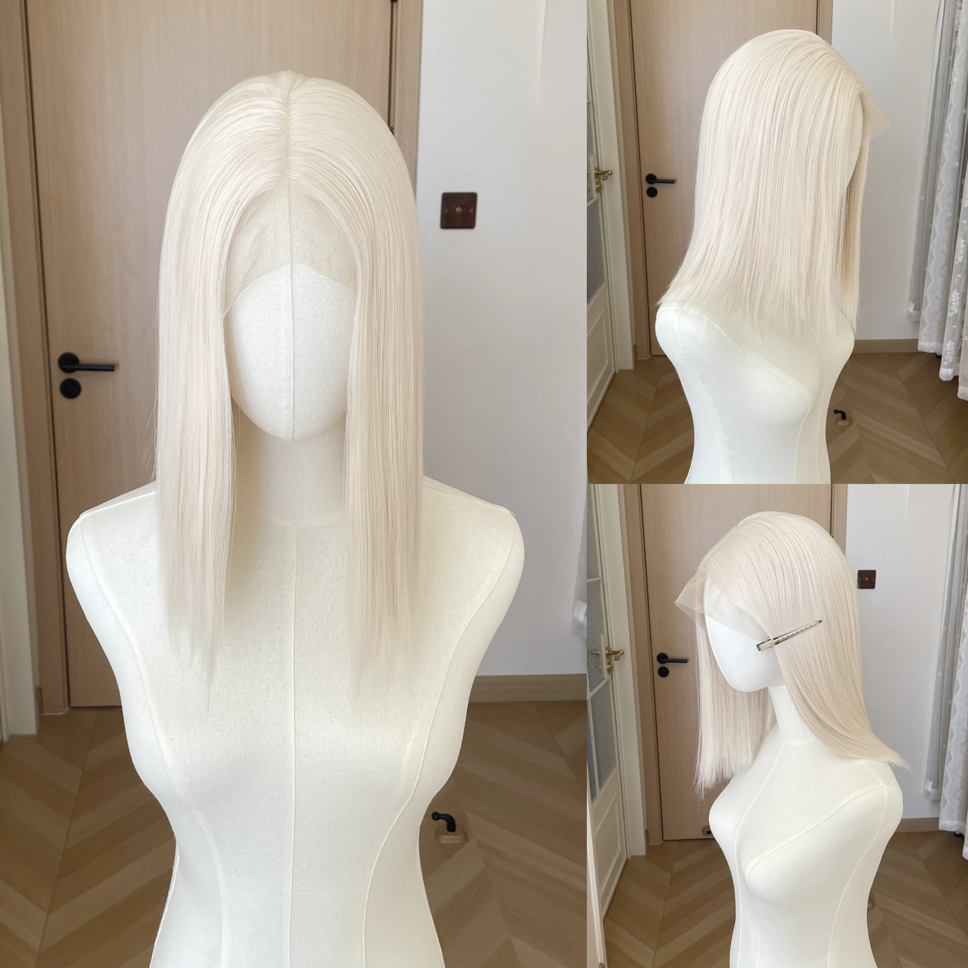 

Platinum Blonde Shoulder Length Synthetic Lace Front Wigs for Women 13x4 Glueless Middle Part Wigs 150% Density Natural Fashion