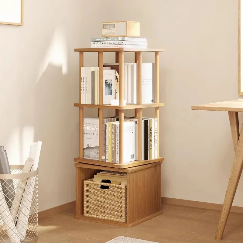 Three-tier rotating bookshelf tower - beech wood frame rotating bookcase with storage base