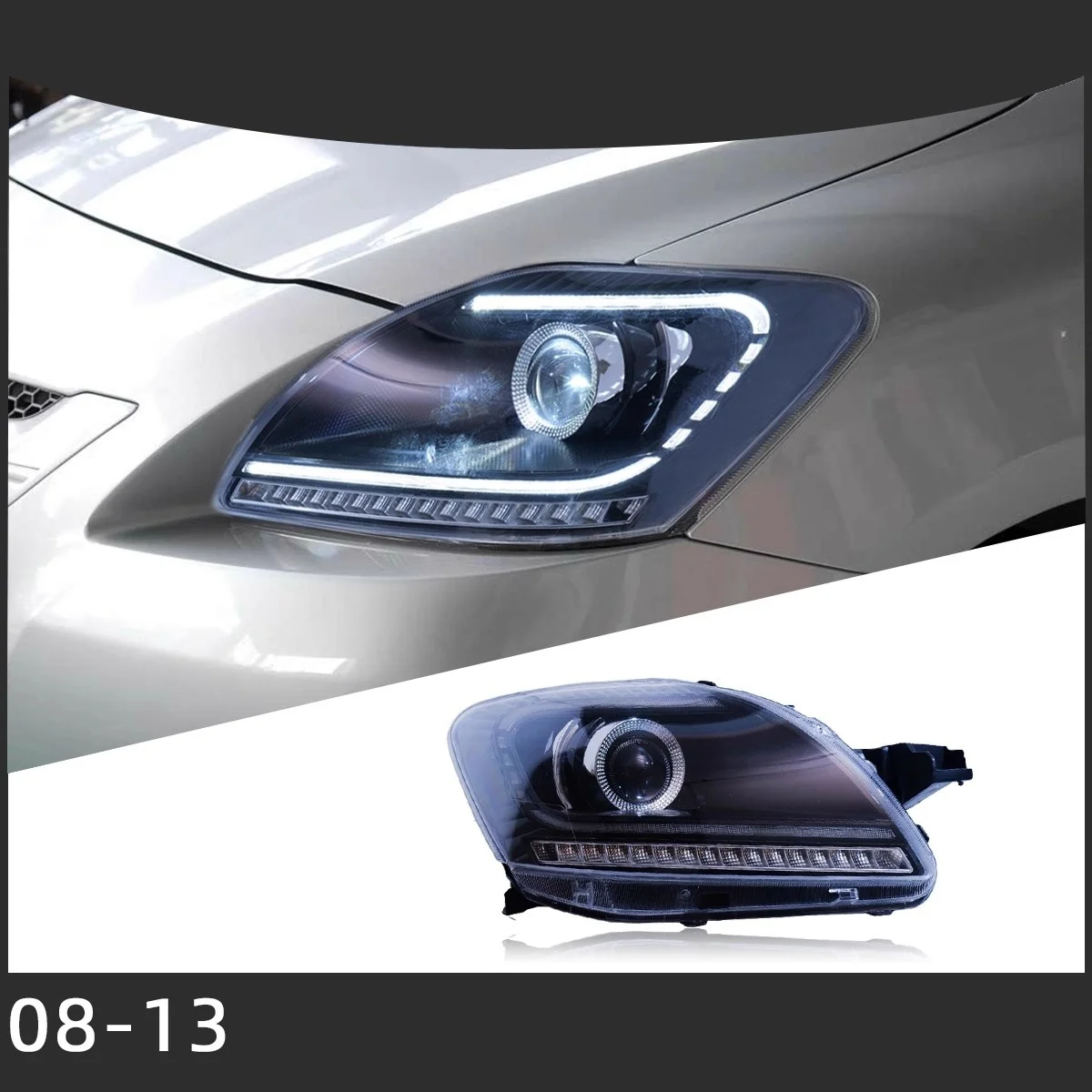 

Передняя фара автомобиля в сборе для Toyota Vios 08-13, модифицированный светодиодный дневной ходовой фонарь, динамический указатель поворота