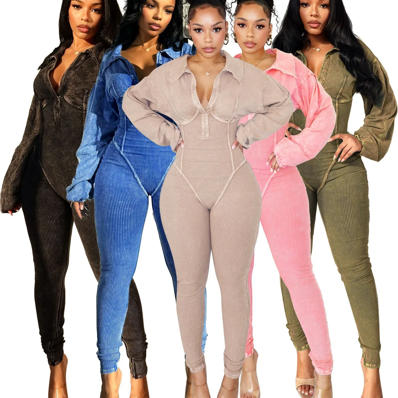 จั๊มสูทเซ็กซี่คอลึก ทรงเข้ารูป แขนยาว ผ้าเนื้อยืด ใส่ได้ทั้งฤดูใบไม้ร่วงและฤดูหนาว ดีไซน์หรูหรา