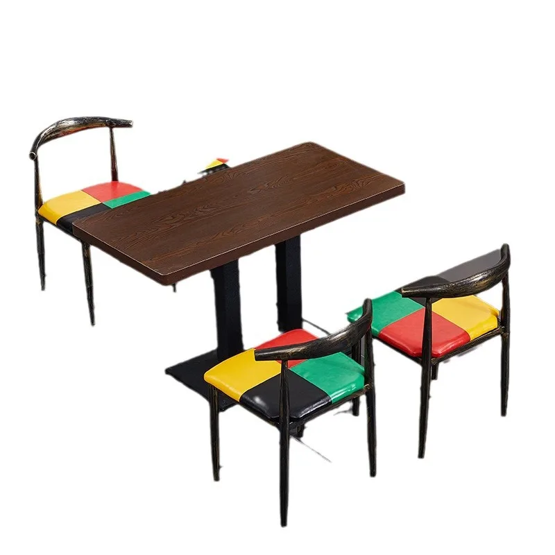 

Canteen milk tea fast food restaurant household living room solid wood dining table and chair combination