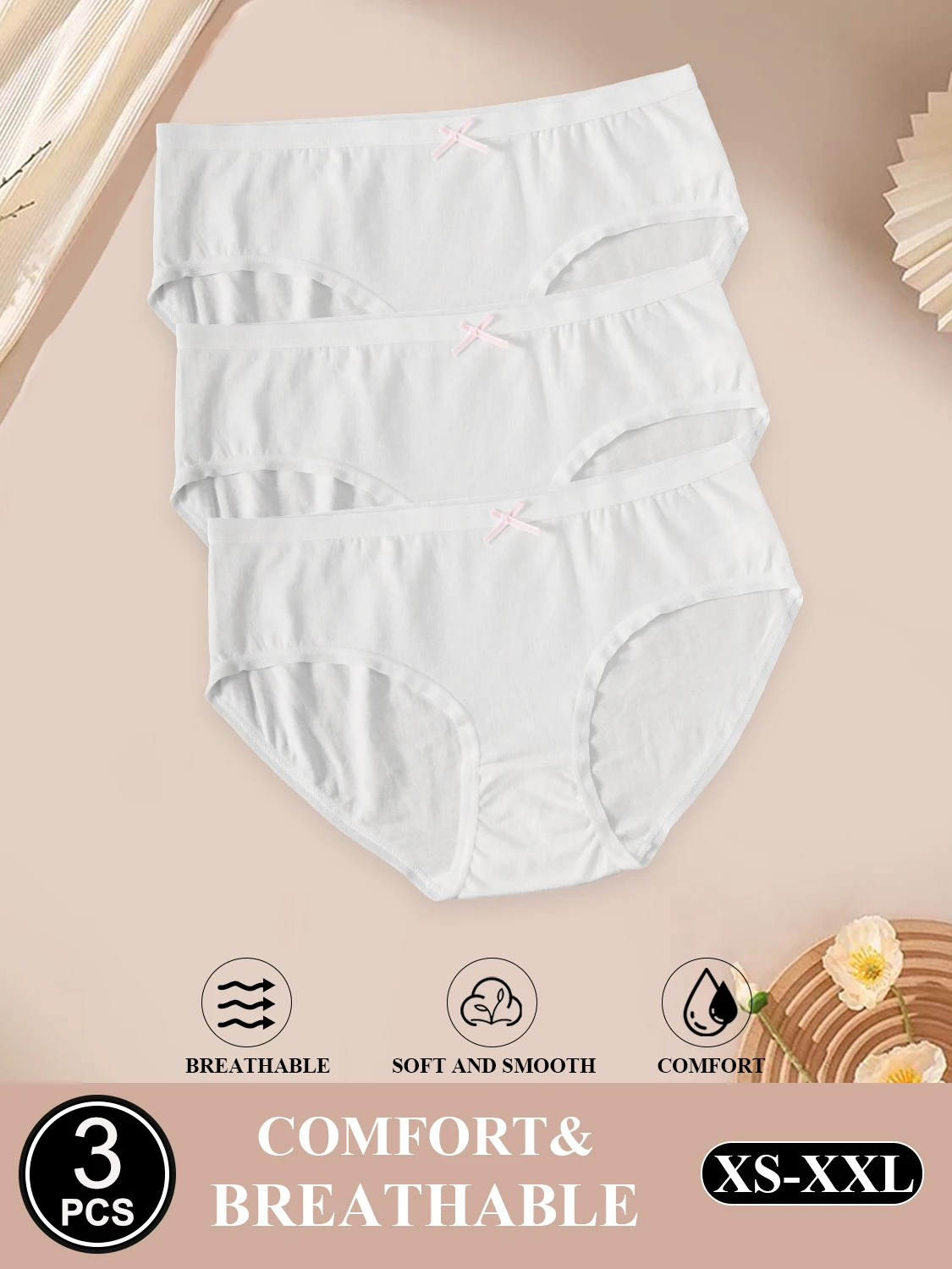 3PCS White Simple Comfortable Cotton Underwear for Women Girls Cute Low-Waist Panties Breathable Skin-Friendly Briefs Lingerie