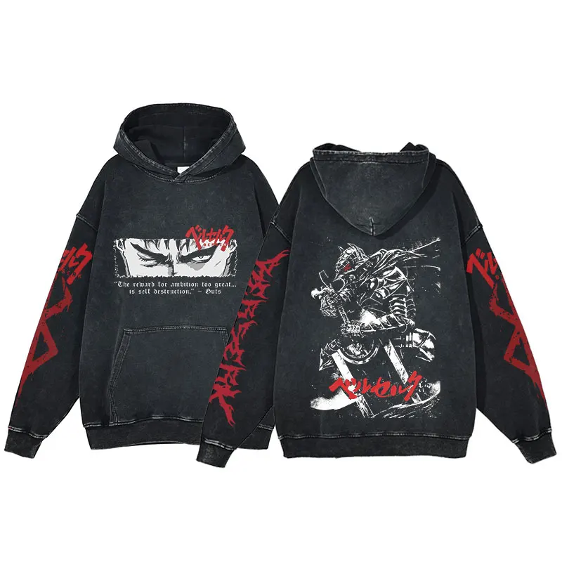 Berserk Anime Hoodie Men Hip Hop Harajuku Acid Wash Pullover Hooded Sweatshirt Vintage Streetwear Casual Long Sleeve Cotton Tops