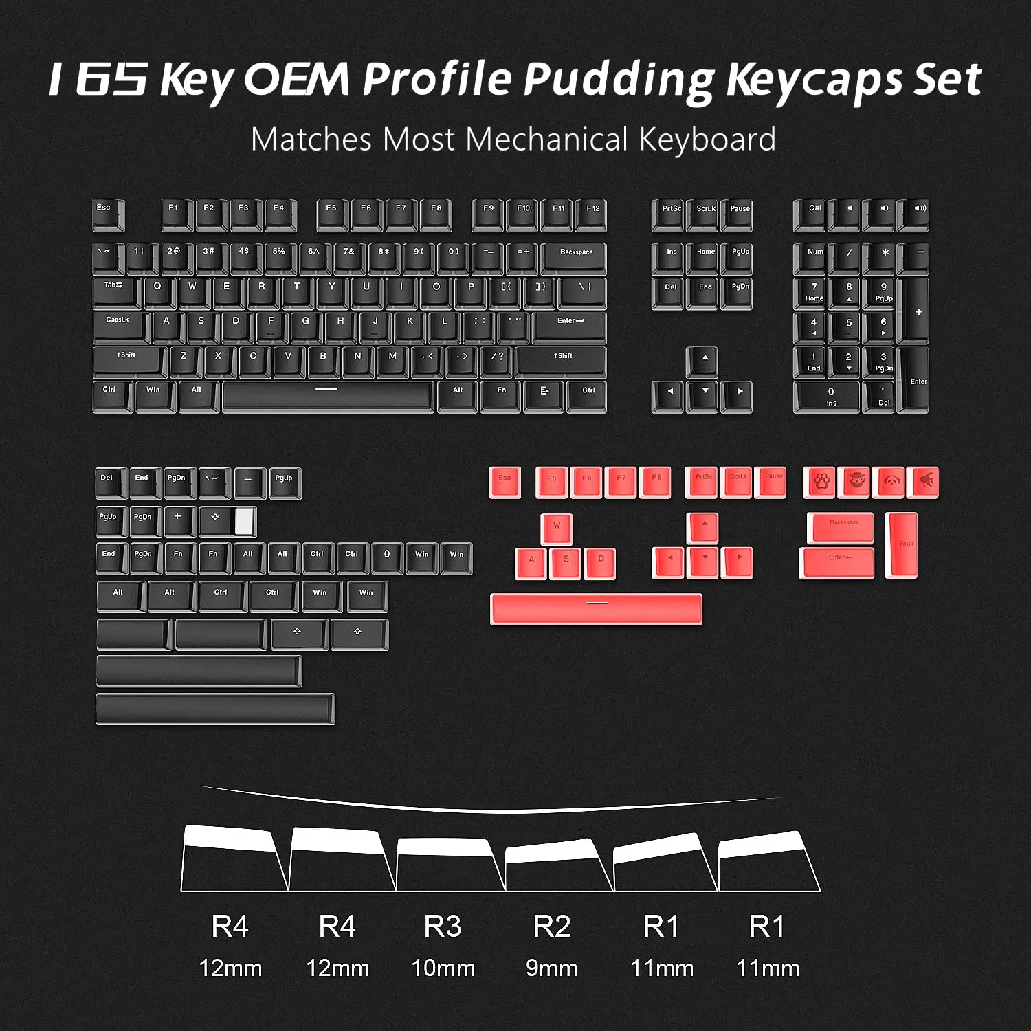 165 Key Pudding PBT Keycaps Custom Black Double Shot Keycap OEM Profile for 100%, 75%, 65%, 60% Gaming Mechanical Keyboard - Image 3