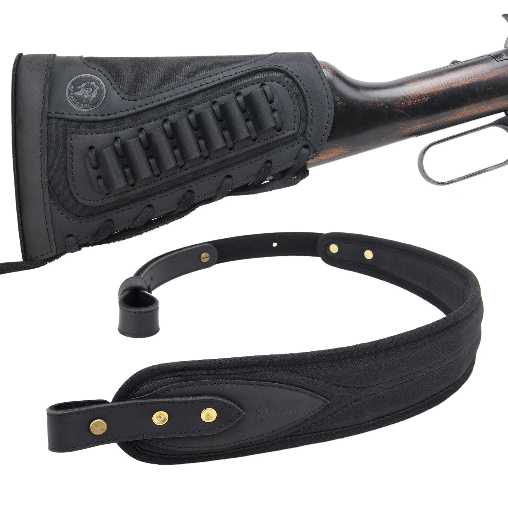 

Canvas Leather Rifle Buttstock Cheek Recoil Cover With Leather Rifle Sling Ammo Shell Holder For 308 .45-70 .30-30 .22LR 12GA