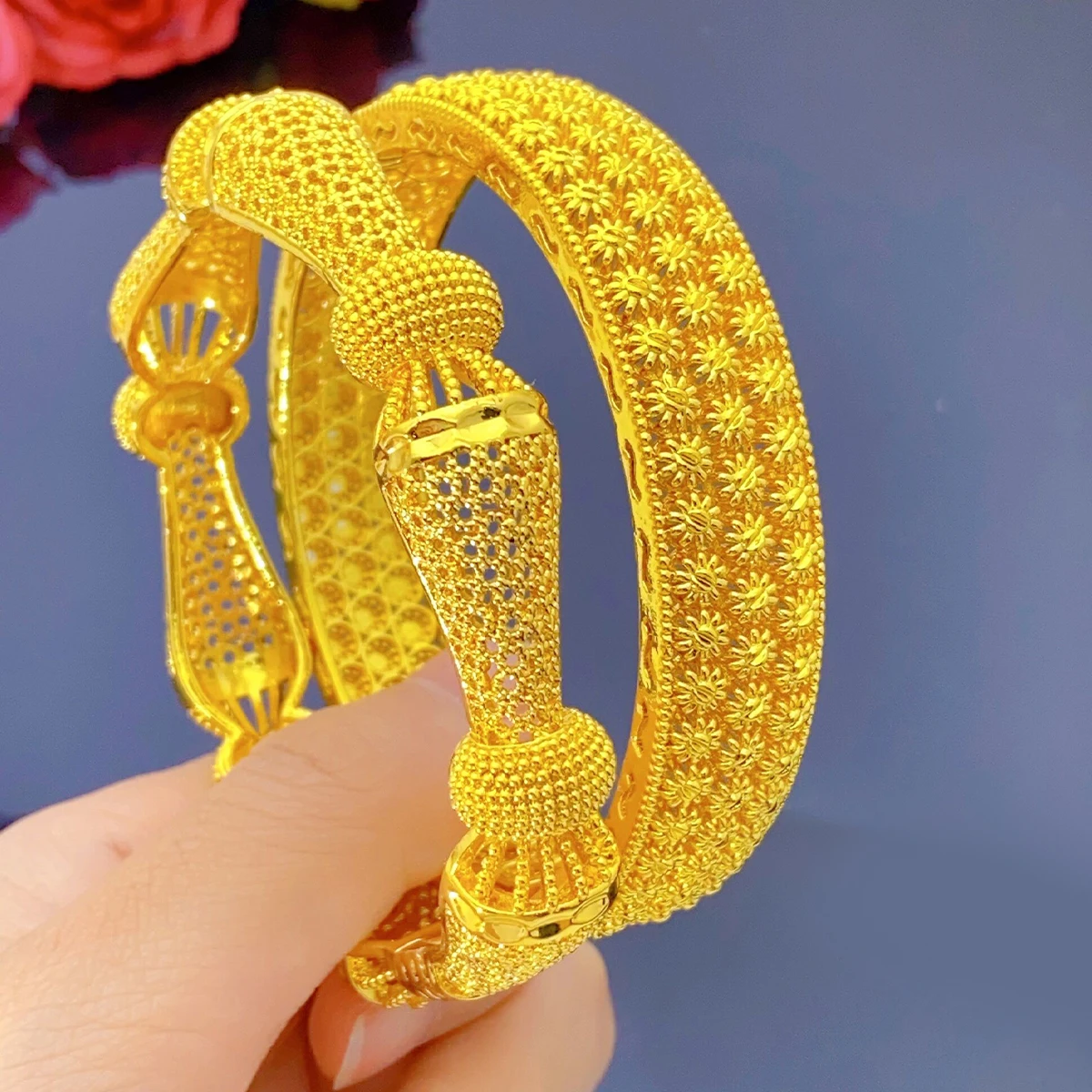 XUHUANG Dubai African Luxury Gold Color Bangles 24K Jewelry Engagement For Women Bridal Wedding Bracelets Trend Jewellery Gifts