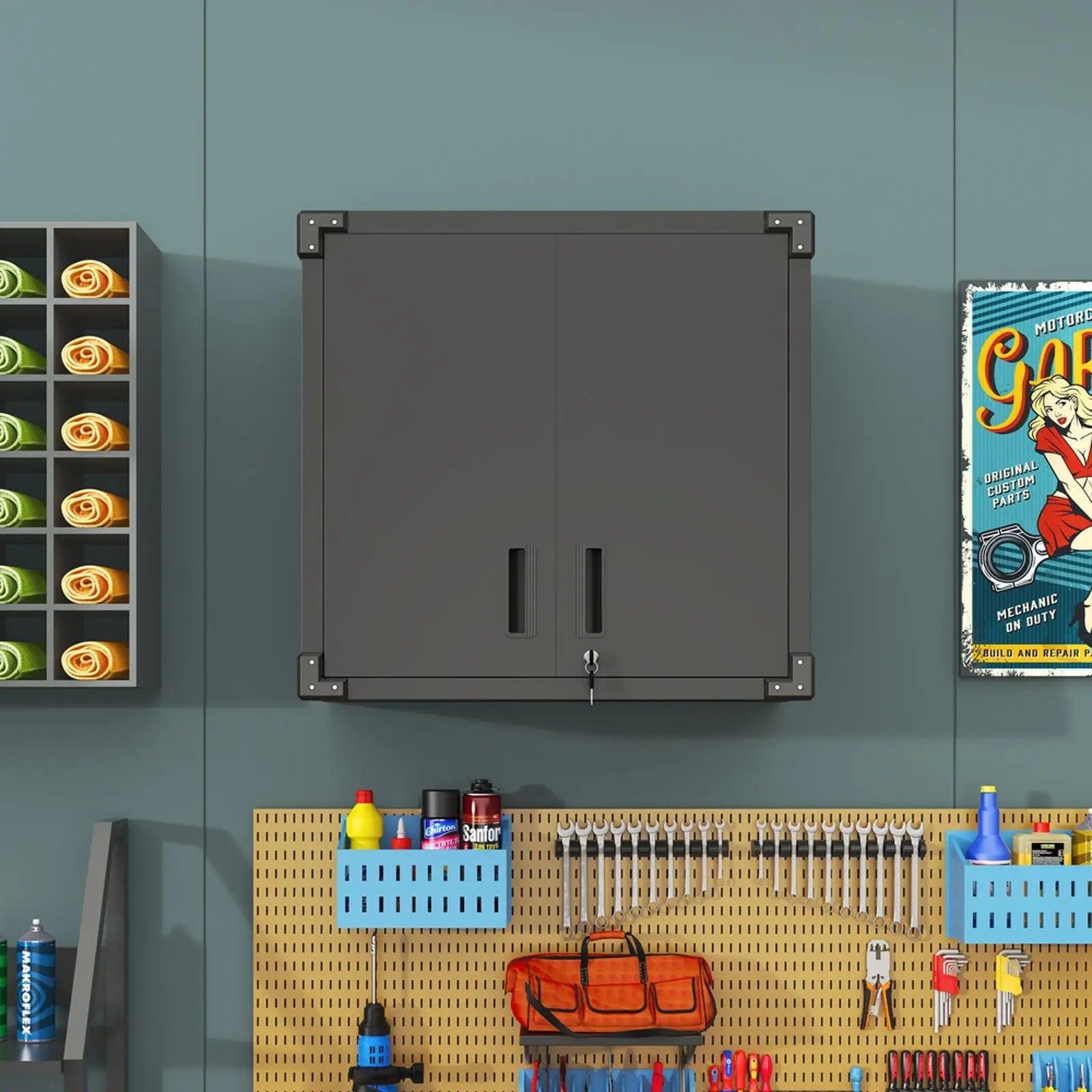 خزانة تخزين أدوات معدنية مثبتة على الحائط مع 2 باب قفل 1 قابل للتعديل