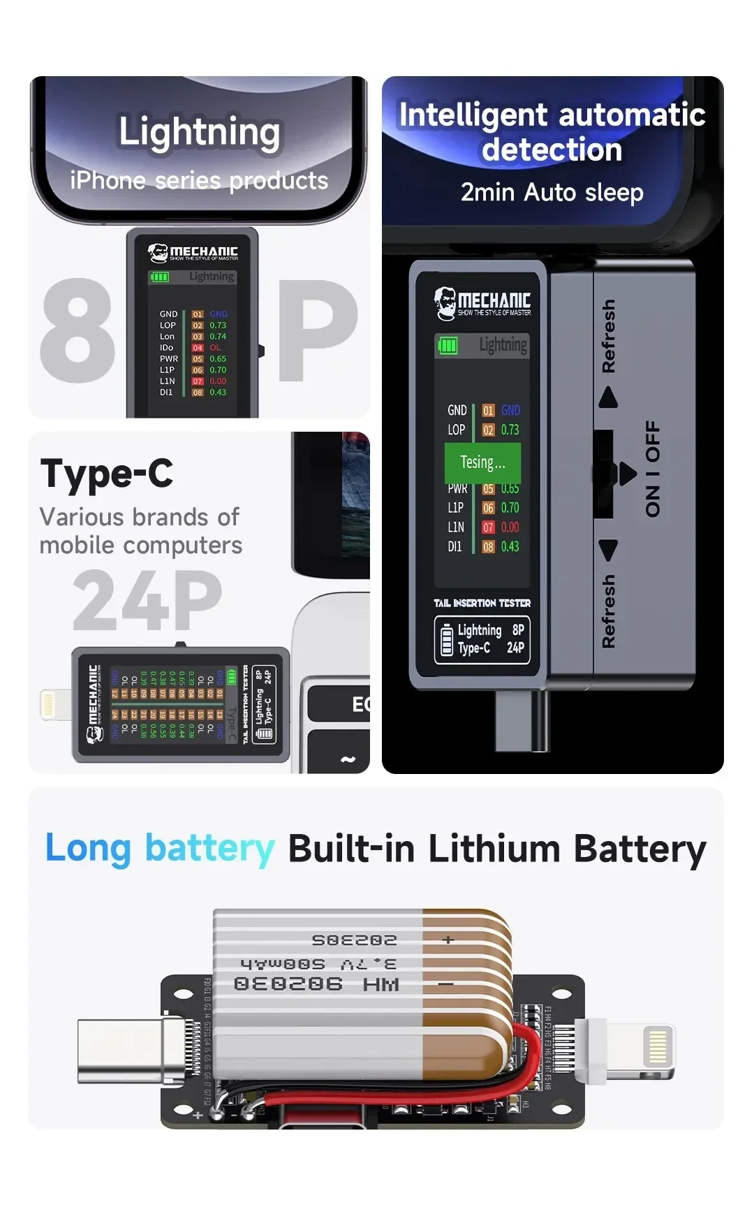 Mechanic T824 SE Mobile Phone Tail Insertion Detector Automatic Tail Plug Tester For Lightning 8P / Type-C 24P Interface