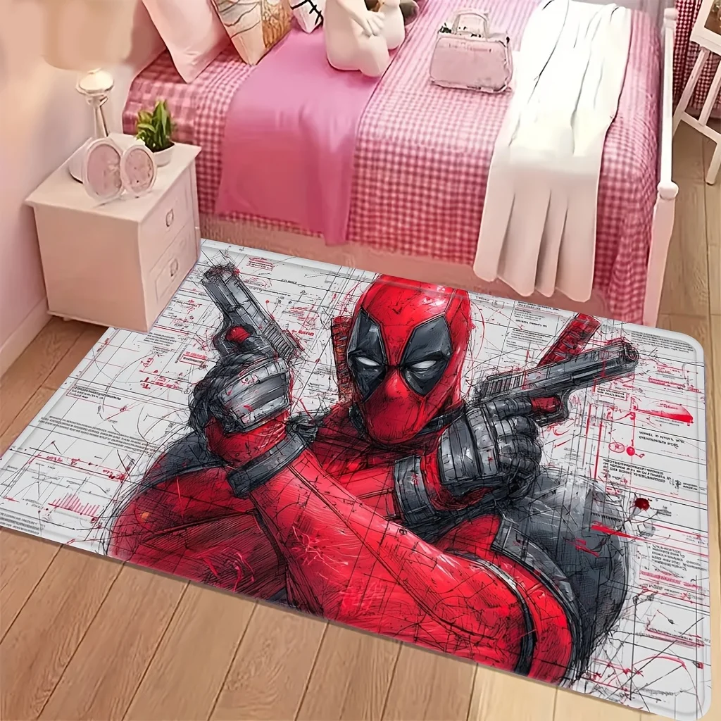 Marvel 1pc Cartoon Printed Floor Mat, Deadpool Holding Dual Guns Mechanical Blueprint Style Illustration, Easy to Clean, Suita view 5