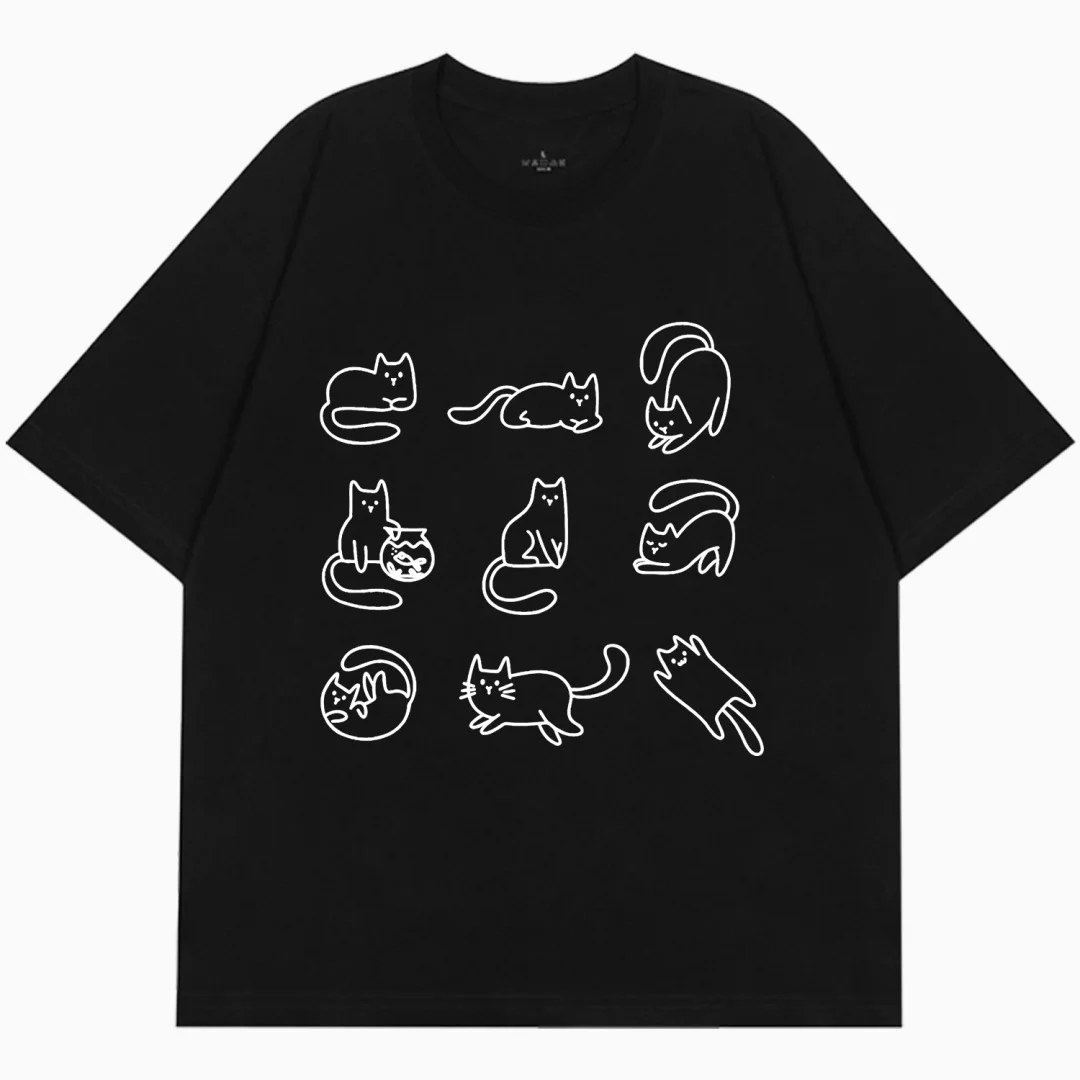 Cat 9-grid printed graphic T-shirt Summer Fashion Leisure High-end Versatile Breathable Pure cotton Men's And Women's T-Shirt