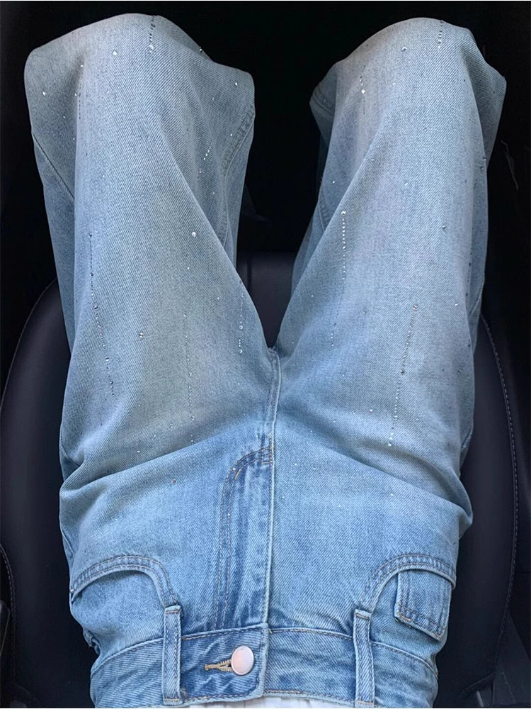 WCFCX STUDIO Retro Niche Design กางเกงยีนส์ขากว้างผู้หญิง 2025 ฤดูร้อนใหม่แฟชั่น Rhinestone ตรงกางเกงสบายๆกางเกง