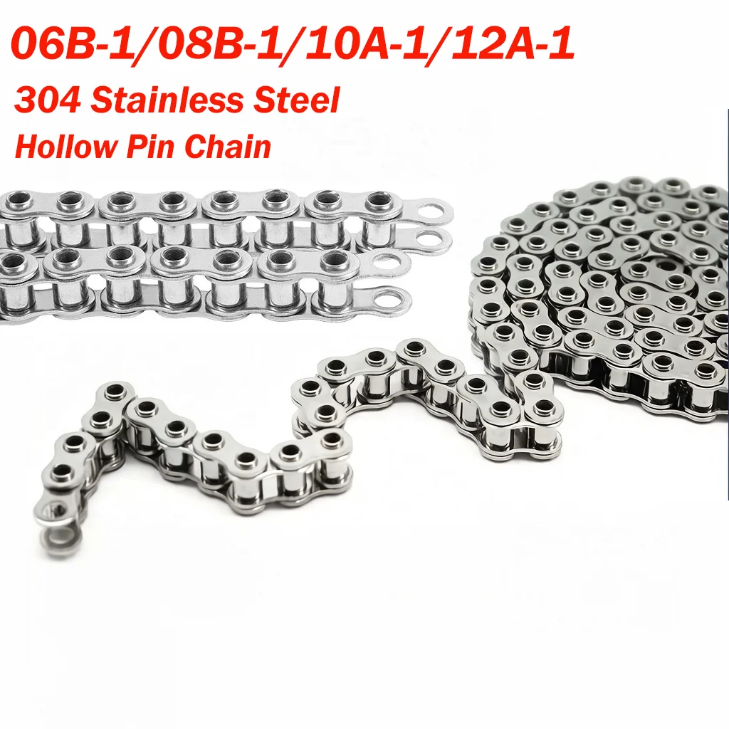 06B/08B/10A/12A 304 StainlessSteel Hollow Pin Chain Short Pitch Roller Chain 1/1.5Meter Industrial Transmission Hollow Chain