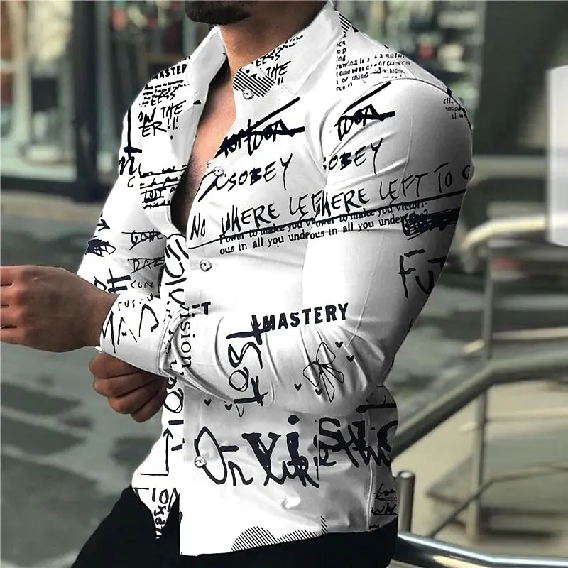 

Men's Shirt Graphic T-Shirt Text 3D Print Outdoor Street Long Sleeve Button Print Clothing Fashion Design Casual Breathable