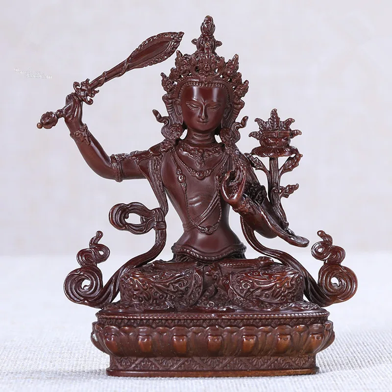 

7cm Color Mini Copper Manjushri Statue Buddha Handle Pocket Retro Carving Tranic Temple Decorate Bodhisattva Figurine