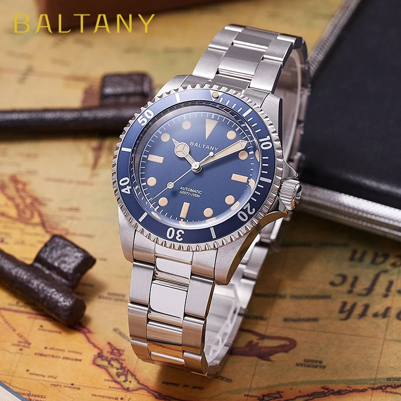 Baltany 39MM Taucheruhr Herren S3043 NH38 Automatik 20Bar Wasserdichtes Edelstahlarmband Retro Mechanische Sportarmbanduhr