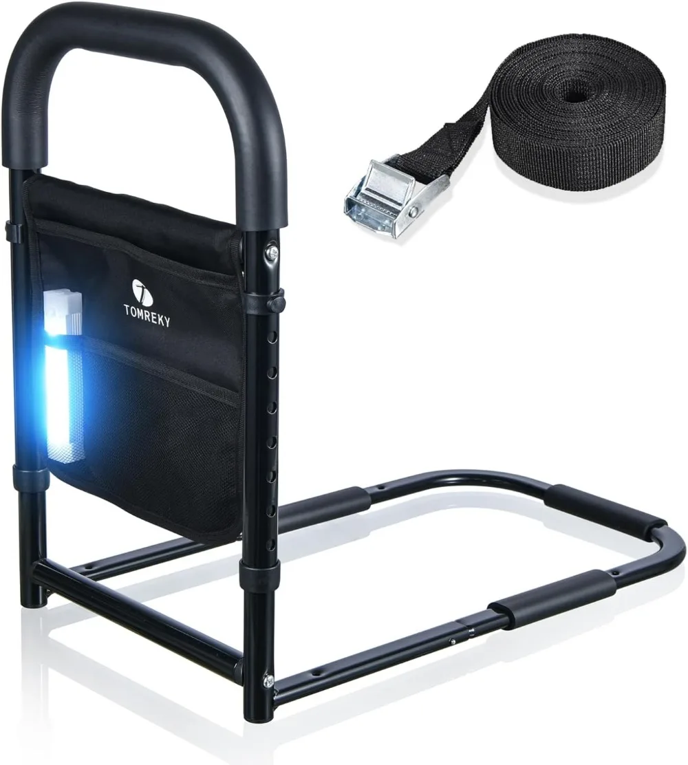 Elderly Bed Safety Rails with Motion Light, Hand Bar, Storage Pocket & Fixing Strap, Supports Up to 300lbs