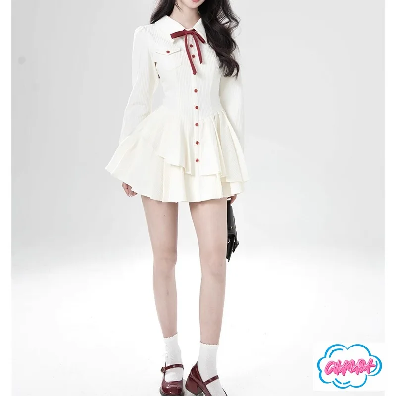 ฤดูใบไม้ร่วง รสหวานแบบฝรั่งเศส ​ ​ มีปก ​ ​   เสื้อเชิ้ตแขนยาวจีบระบาย คอปก ทรงเข้ารูป ดีไซน์โดดเด่น หรูหรา สไตล์นักเรียน พร้อมกระโปรงทรงพอง