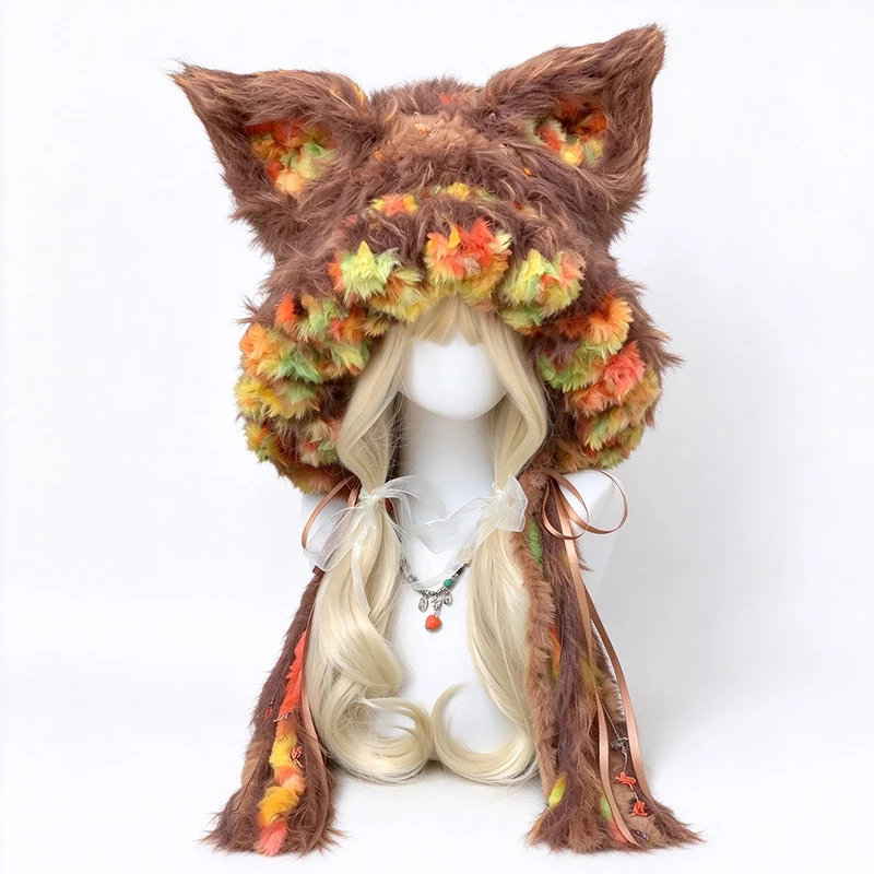 Handmade Crochet Brown Fox Cat Ear Hood Hat Men Custom Knit Bunny Rabbit Ears Beanie Women Winter Warm Cosplay Halloween Caps