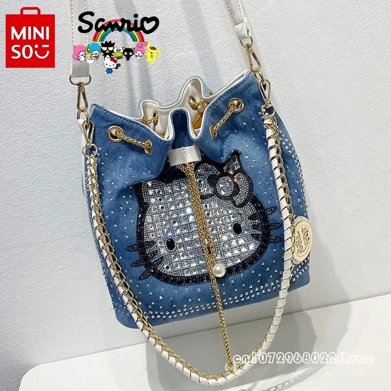 Miniso Sanrio Women's Bucket Bag Fashionable and High Quality Diamond Inlaid Crossbody Bag Large Capacity Women's Cowboy Bag