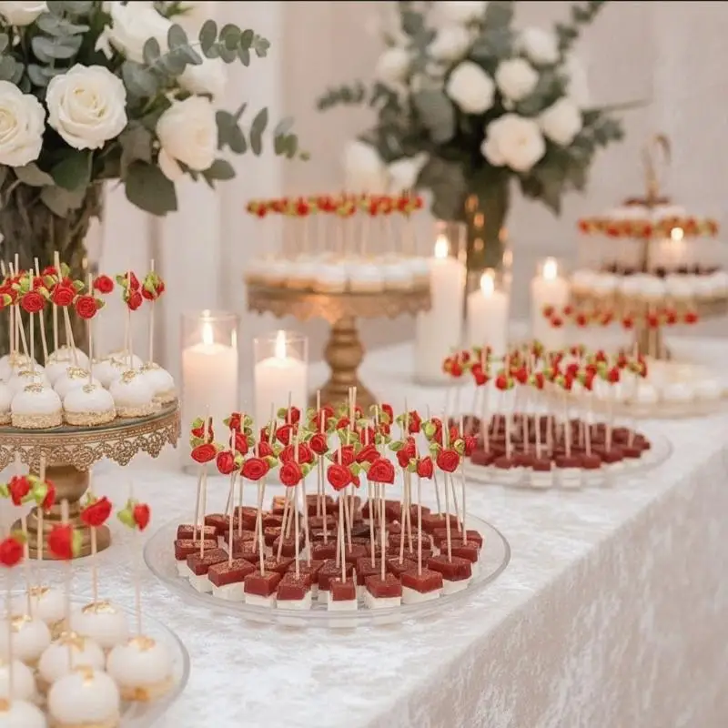 100pcs Rose Bamboo Sticks With Leaves Red Blue White Fruit Fork Cocktail Stirrers Birthday Wedding Party Decoration