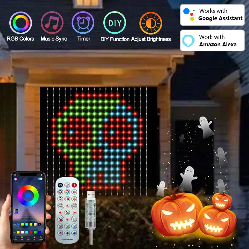 2x2mスマートwifiカーテンライト、アプリ制御、400個led、diyパターン、音楽モード、ip65防水、クリスマス・ハロウィン装飾用