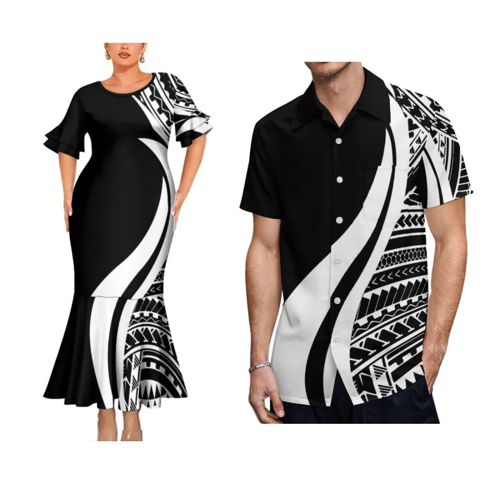 Samoan Tonga Island-Style Couple Set Women'S Petal-Sleeve Tight Fishtail Dress Evening Dress Polynesian Men'S Aloha Shirt