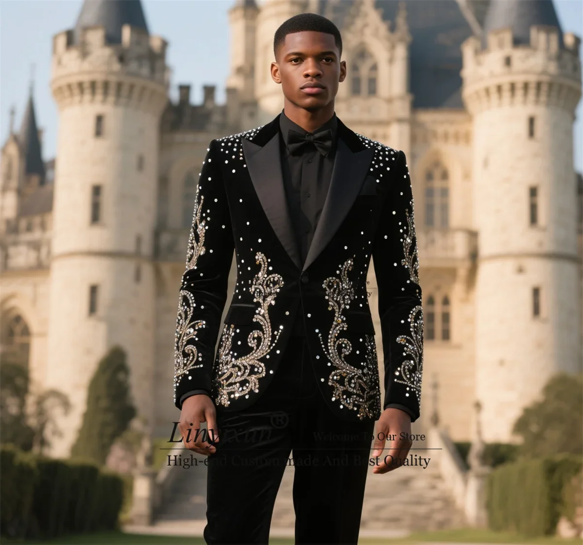 

High End Crystal Rhinestones Men Suits Customized Groom Wedding Tuxedos Slim Velvet Ropa Hombre 2 Pieces Sets Male Party Blazer