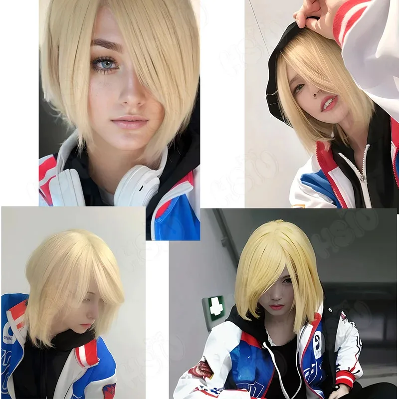 Peluca de Cosplay Yuri Plisetsky, peluca sintética resistente al calor de pelo corto Beige HSIU + gorro de peluca Anime YURI!!! en la peluca cosplay de ICE Yurio