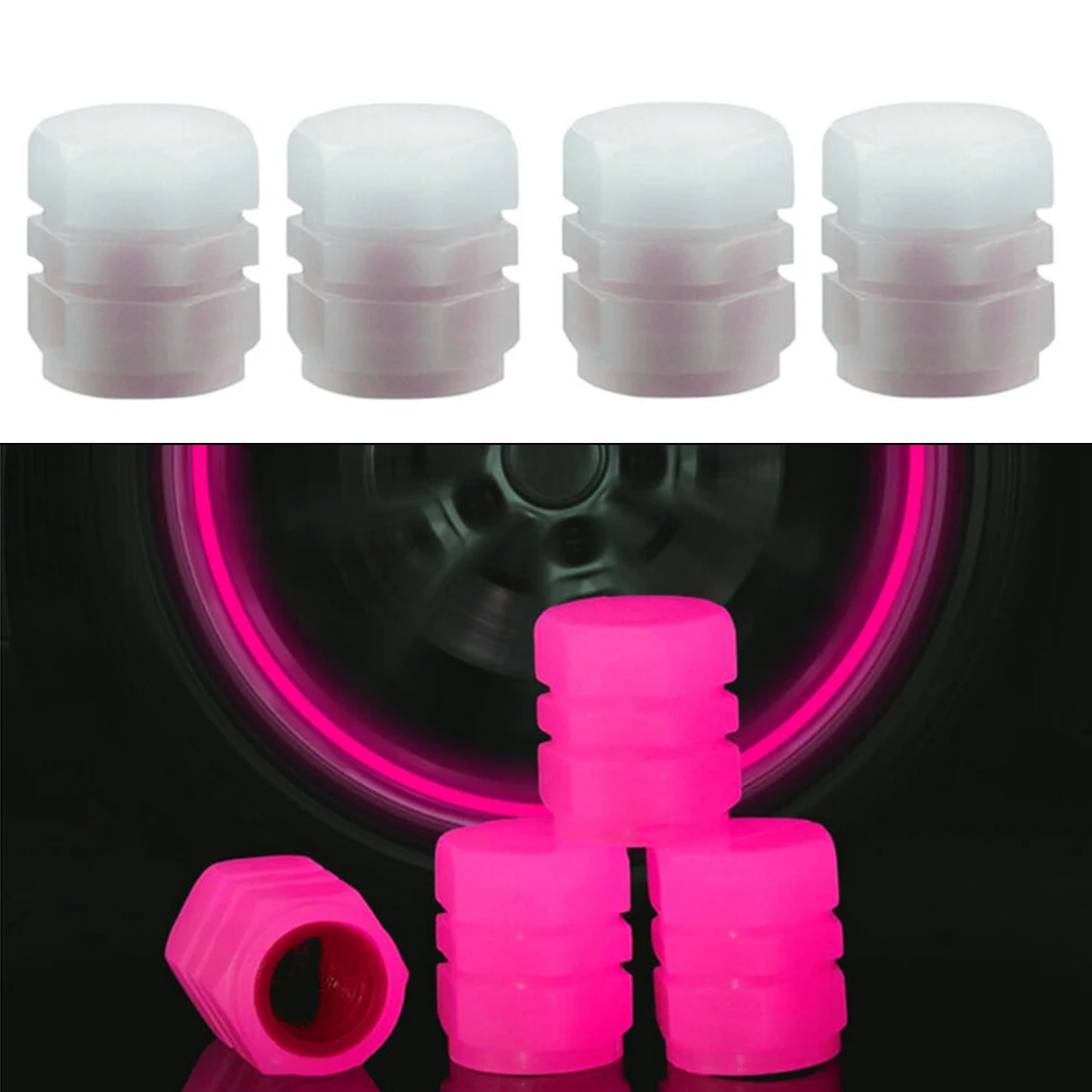 4pcs Fluorescent Pink Car Tire Valve Cap ABS Motorcycle Wheel Tyre Air Valve Stem Cover Luminous Tire Valve Cap