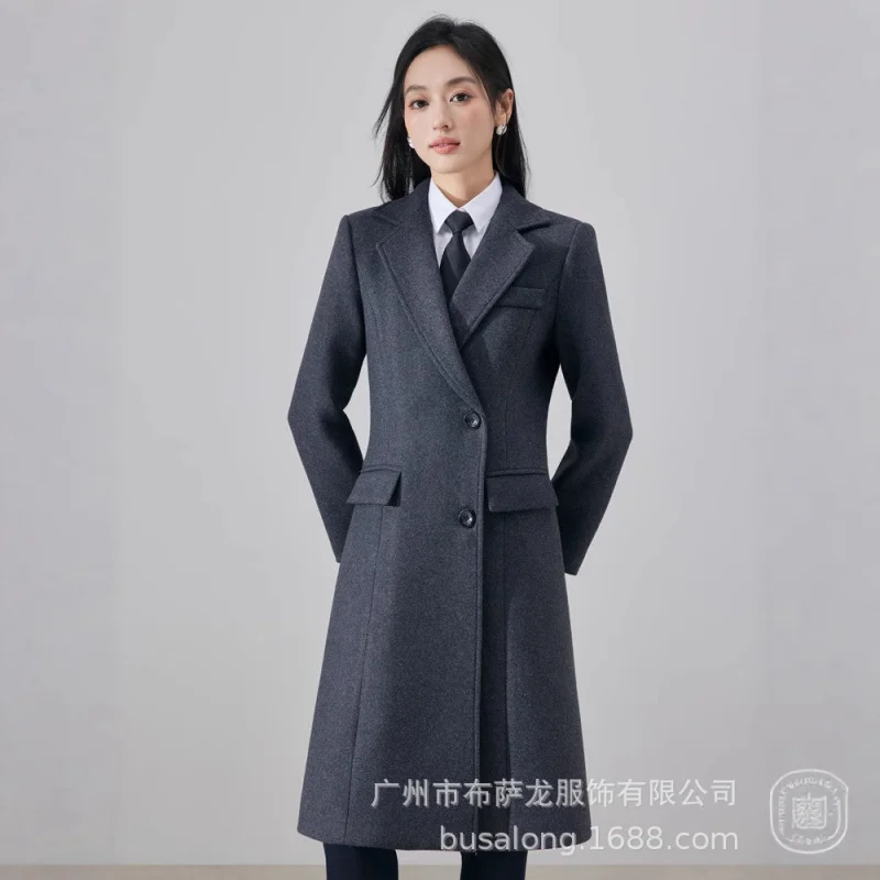 Women's Woolen Coat Winter Professional Woolen Overcoat Mid-Length Over-the-Knee Hotel Quilted Thickened Warm Workwear