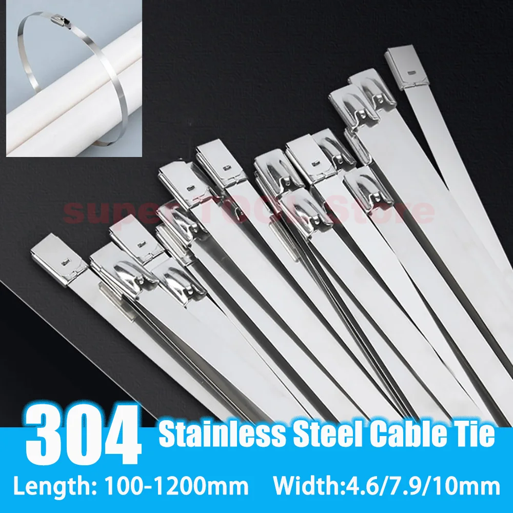 304 Stainless Steel 4.6/7.9/10mm Self-Locking Cable Resistant Marine Grade Metal Exterior Bundling Straps Length 100mm-1200mm
