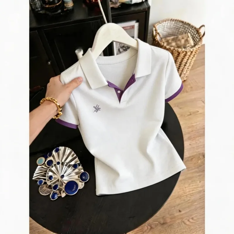 Women Color Block Lapel Shirt Short Sleeve Slim Casual Fashion Top For Petite Figure